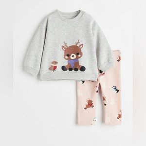 H&M Baby Girls Winter Deer Cotton Sweatshirt Set 12M